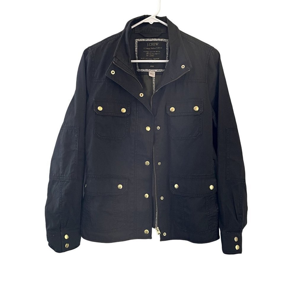 J.Crew green army jacket jean material dark green camo pockets button detail